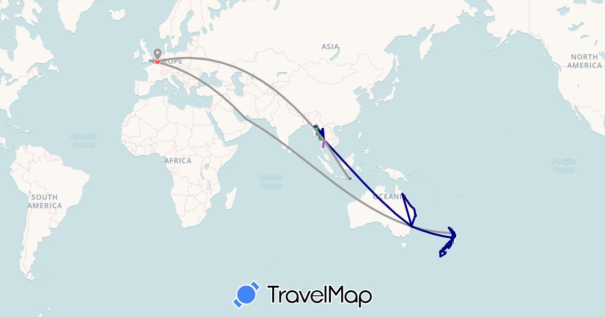 TravelMap itinerary: driving, bus, plane, train, hiking, boat in United Arab Emirates, Australia, Belgium, United Kingdom, Indonesia, Myanmar (Burma), New Zealand, Thailand (Asia, Europe, Oceania)